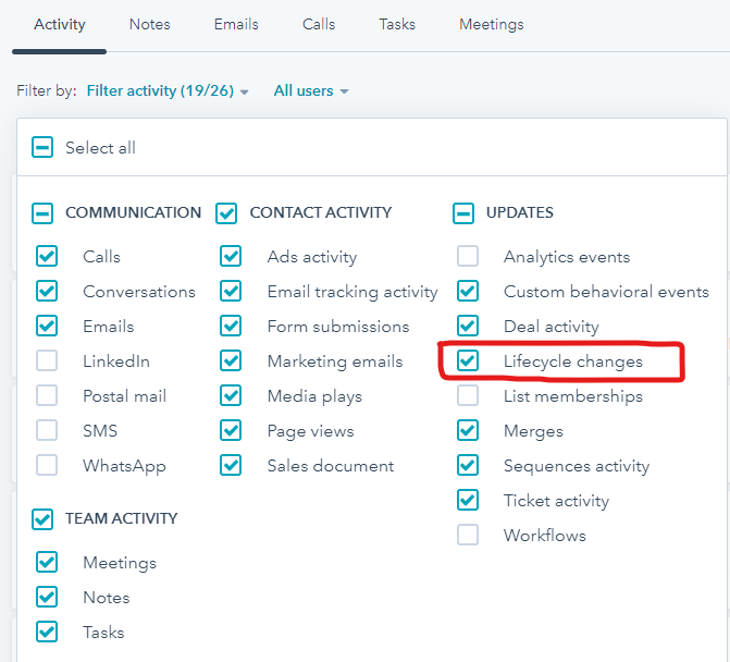 HubSpot Lifecycle Stage Timeline Activity