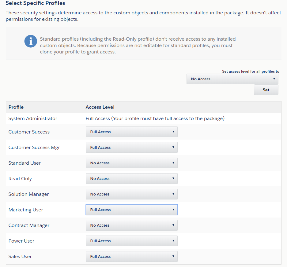 Salesforce Connector Installed Package Select User Profiles