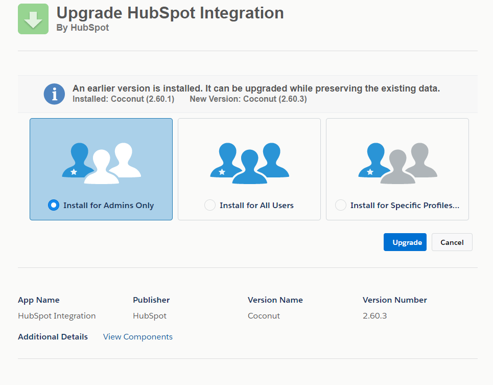 Salesforce Connector Installed Package Update Wizard